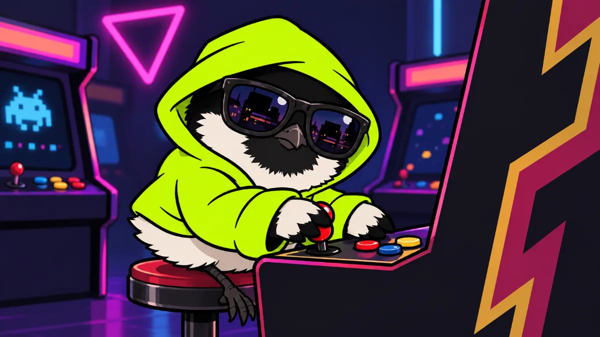 Hooded robin playing an arcade cabinet in a neon arcade