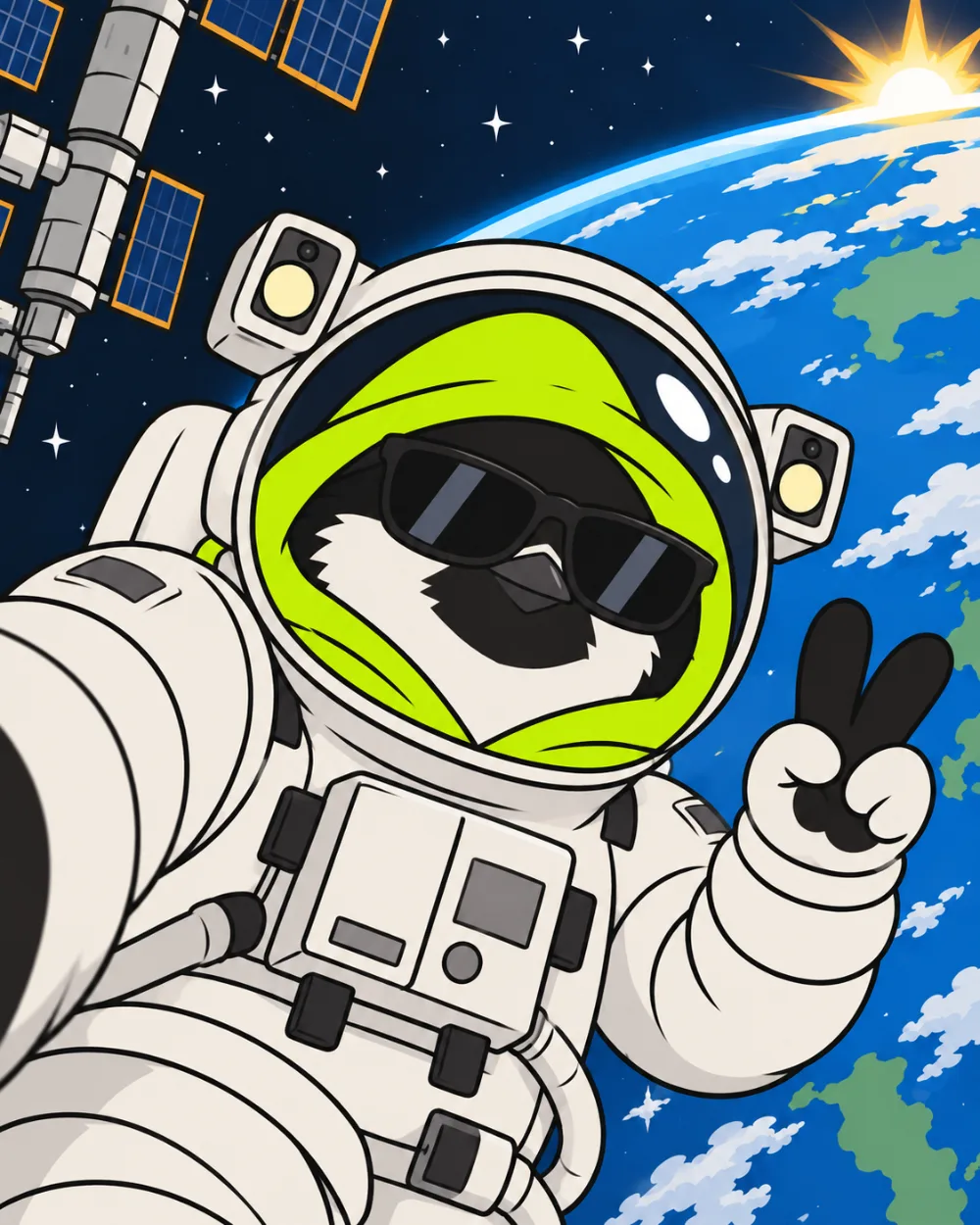 Hooded robin in a spacesuit taking a selfie above Earth