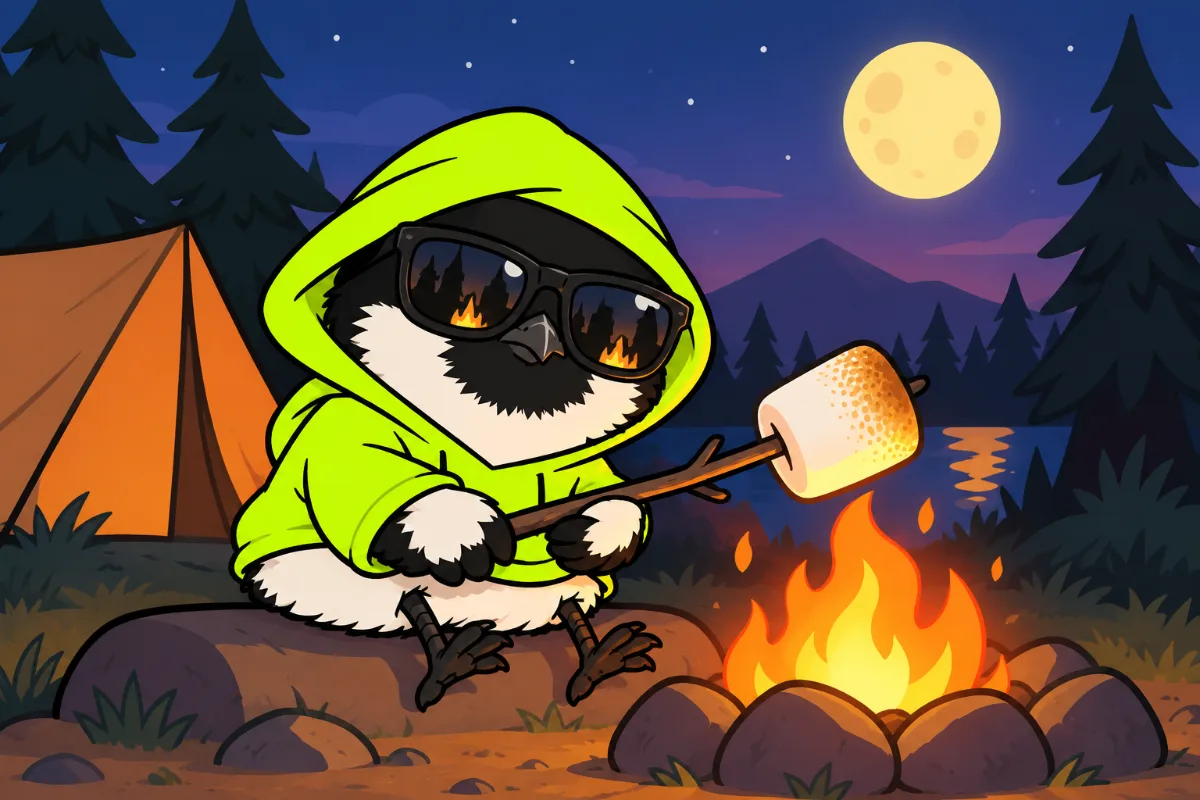 Hooded robin roasting a marshmallow by a campfire