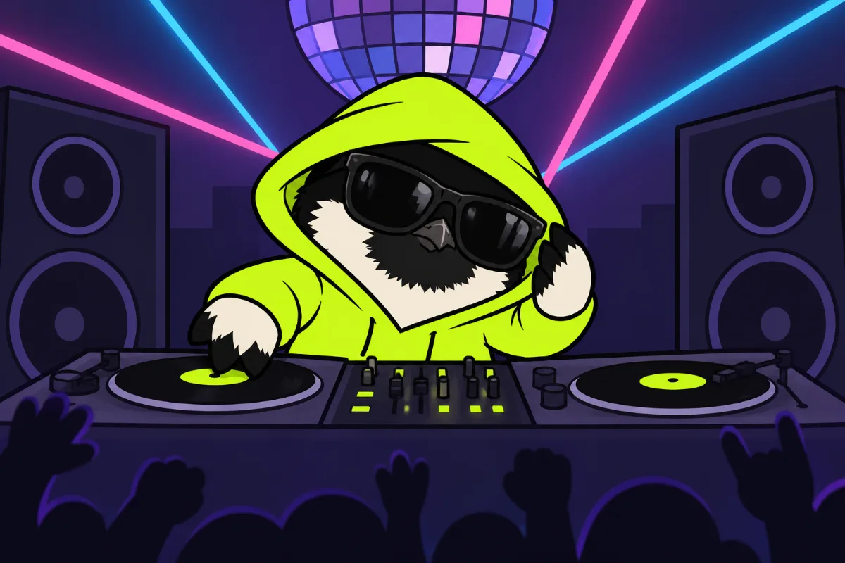 Hooded robin DJing under a disco ball