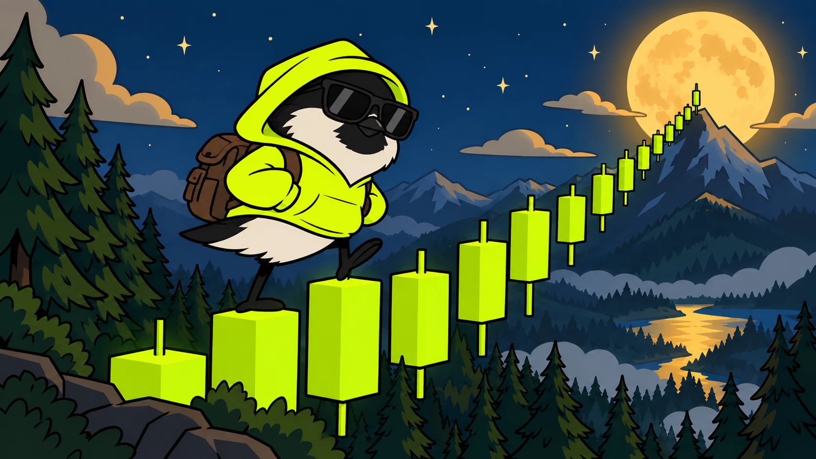 A hooded robin in a lime hoodie and sunglasses walking up a staircase of glowing green candlesticks toward a full moon
