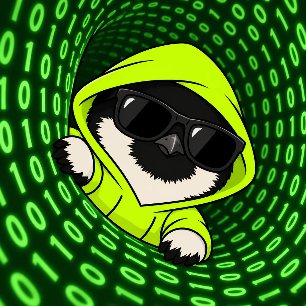 Hooded robin inside a tunnel of green binary code