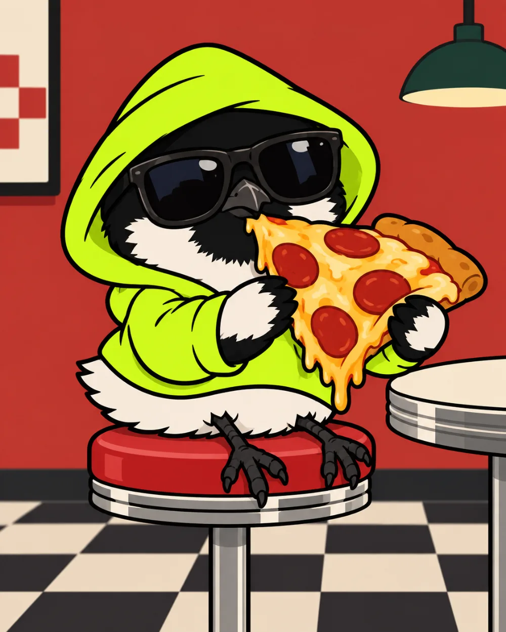 Hooded robin eating a slice of pizza in a diner