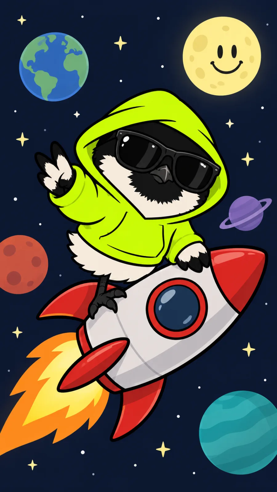 Hooded robin riding a rocket past the moon