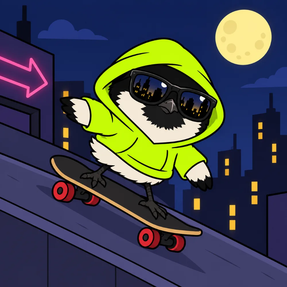 Hooded robin kickflipping a skateboard on a rooftop at night