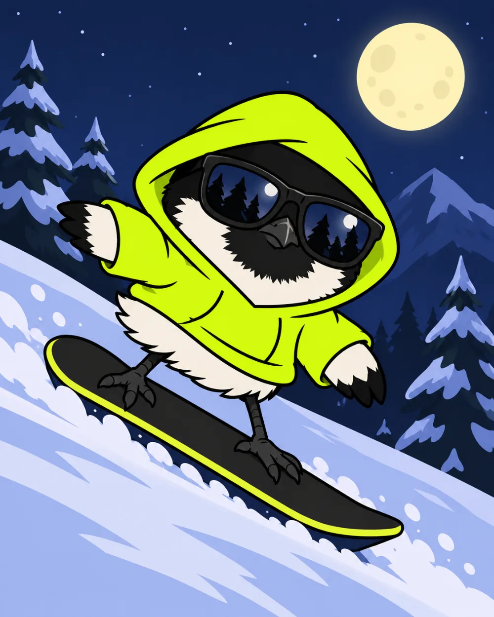 Hooded robin snowboarding down a moonlit slope