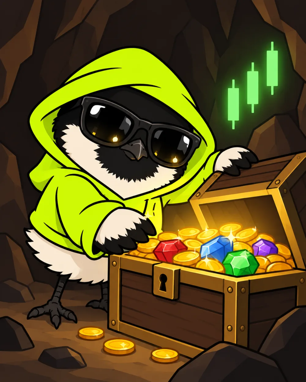 Hooded robin opening a treasure chest of gold and gems in a cave